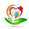Medical care globe people hand care family heart health concept logo icon element sign on white background