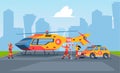 Medical care transport. Urban accident hospital fast rescue service lifeguard urgent disaster garish vector flat