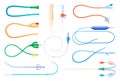 Medical catheter set vector flat illustration. Collection healthcare equipment with needle