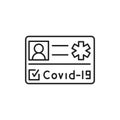 Medical certificate of vaccination covid black line icon. Safe travel. Pictogram for web, mobile app, promo. UI UX design element