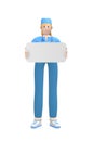 Medical character Young white female doctor holding a blank board for copy space. Cartoon person isolated on a white background. Royalty Free Stock Photo