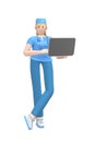 Medical character Young white female doctor in a suit holding a laptop. Cartoon person isolated on a white background. 3D Royalty Free Stock Photo