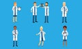 Medical Characters In Different Actions Depict Hospital Routine Vector Illustration Set Isolated On Blue Background