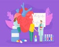 Medical check up concept, vector illustration. Doctor man woman character exam patient heartbeat at hospital concept