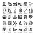 Medical check up, flat glyph icons. Health diagnostics equipment - mri, tomography, glucometer, stethoscope, blood