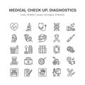 Medical check up, flat line icons. Health diagnostics equipment - mri, tomography, glucometer, stethoscope, blood Royalty Free Stock Photo