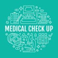 Medical check up poster template. Vector flat line icons, illustration of health care center equipment, mri, ultrasound Royalty Free Stock Photo