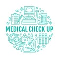 Medical check up poster template. Vector flat line icons, illustration of medical center, health care equipment, mri Royalty Free Stock Photo