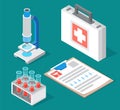 Medical or chemical laboratory equipment. Set of various test tubes, microscope, cardiogram results Royalty Free Stock Photo