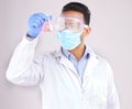 Medical, chemical and man with research, test and scientific breakthrough against a white studio background. Research Royalty Free Stock Photo