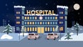 Medical clinic with ambulances. Outside view of the hospital at night. Winter evening. Snow in the city on the building