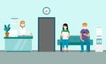 Medical Clinic Reception Or Waiting Room Interior Design In Blue Colors. Vector Composition In Flat Cartoon Style With Royalty Free Stock Photo