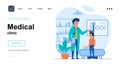 Medical clinic web concept. Pediatrician measures boy height