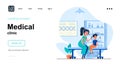 Medical clinic web concept. Pediatrician measures temperature of boy. Child patient visited doctor. Template of people scene.