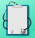 Medical clipboard with blank empty paper and stethoscope