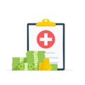 Medical clipboard document with money, health insurance form with pile of money, idea of expensive medicine, healthcare