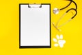 Medical clipboard, stethoscope, face shield and dog paw print on yellow background. World rabies day concept Royalty Free Stock Photo