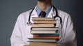 medical college student with stack of books, Close up