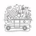 Medical coloring book for adults and children. Ambulance, medicines, viruses. Vector illustration.