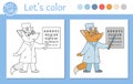 Medical coloring page for children. Vector outline animal doctor. Cute funny fox character. Hospital color book isolated on white