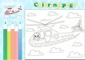 Medical coloring page for kids with cute pig doctor in cartoon helicopter ambulance