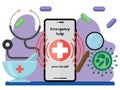 medical compositional image consists of pills, stethoscope, mobile phone, magnifier and virus