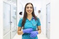 Medical concept of beautiful female doctor with stethoscope, waist up. Medical student. Woman hospital worker looking at camera Royalty Free Stock Photo