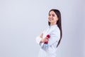 Medical concept of beautiful female doctor in white coat with phonendoscope. Medical student general practitioner. Woman hospital Royalty Free Stock Photo