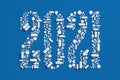 Medical concept congratulations on the year 2021. A lot of pills scattered on a blue background in the shape of the number 2021.