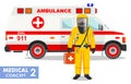 Medical concept. Detailed illustration of emergency doctor in yellow protective suit and mask near ambulance car in flat Royalty Free Stock Photo