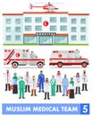 Medical concept. Detailed illustration of muslim arabian doctor, nurses, helicopter, ambulance cars and hospital building in flat Royalty Free Stock Photo