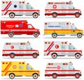 Medical concept. Different kind jewish, muslim, american, european car ambulances isolated on white background in flat style. Vect