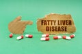 On the green surface of the tablet and a hand pointing to a sign with the inscription - FATTY LIVER DISEASE