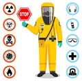 Medical concept. Illustration of standing doctor holds a stop sign. Man in yellow protective suit and mask. Dangerous Royalty Free Stock Photo