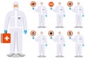 Medical concept. Illustration of standing doctor holds warning coronavirus sign. Man in protective suit and mask Royalty Free Stock Photo