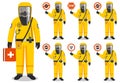 Medical concept. Illustration of standing doctor holds warning coronavirus sign. Man in protective suit and mask