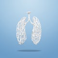 Medical concept made of white wooden branches in shape of human lungs on blue background. Inflammation of the lungs, viral
