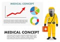 Medical concept. Detailed illustration of standing man in yellow protective suit and mask near whiteboard with chart of Royalty Free Stock Photo