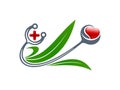 Medical concept. Stethoscope, heart, cross, leaves symbols. Vector illustration.