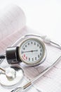 Medical manometer, cardiogram and stethoscope Royalty Free Stock Photo