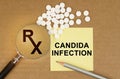 On the table are pills, a magnifying glass, pencils and a sticker with the inscription - Candida Infection