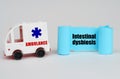 On a white surface, an ambulance and a blue paper sign with the inscription - Intestinal dysbiosis