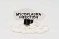 On a white surface are pills and torn paper with the inscription - Mycoplasma Infection Royalty Free Stock Photo