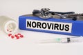 On a white surface there are pills, a syringe and a folder with the inscription - Norovirus