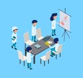 Medical conference. Isometric surgery team, medical training. Medicine, healthcare vector illustration