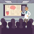 Medical conference vector illustration. Smiling doctor makes a presentation to the public