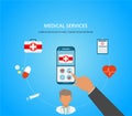 Medical consultation concept. Mobile medicine, mhealth, online doctor. Smartphone with medical app. Vector flat illustration.