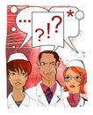 Medical consultation. Two female doctors and a male doctor. Speech bubble