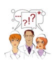 Medical consultation. Two female doctors and a male doctor. Speech bubble