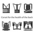 Medical corset for posture healthy back. Set of six types. Line illustrations